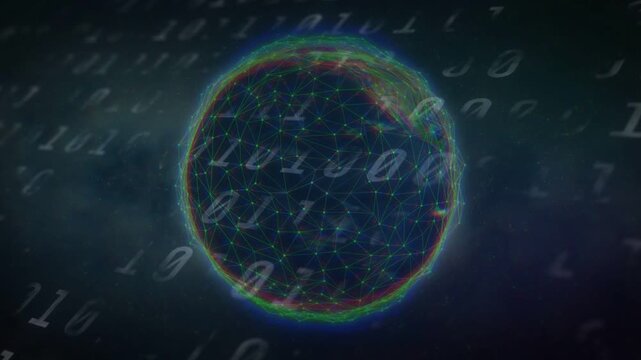 On appearing globe rotating, neon lines tracing nodes and binary digits scrolling, showing network