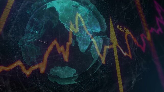 Playback starting, teal globe rotating, orange wave pulsing, numbers flashing, showing metrics