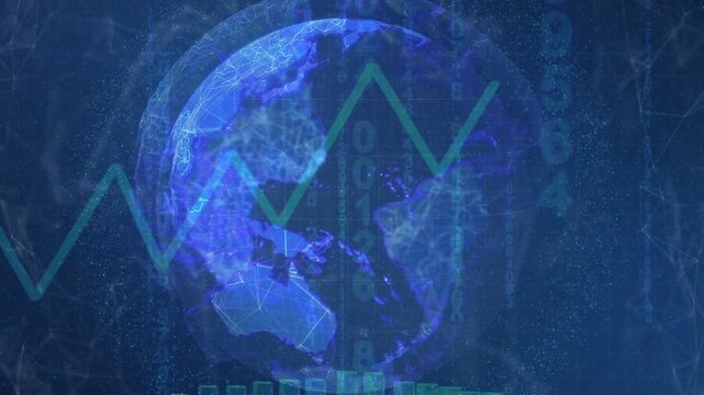 Pulse starting holo globe rotating lines pulsing teal graph drawing bars rising showing global data
