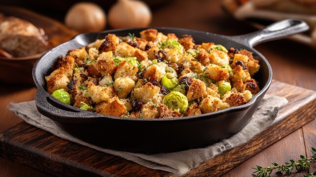 Homemade stuffing with Brussels sprouts and cranberries served in a cast iron skillet. A delicious and hearty homemade stuffing dish featuring toasted bread cubes, Brussels sprouts, dried cranberries