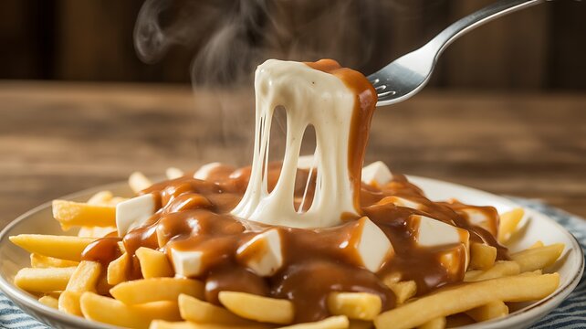 A steaming hot plate of poutine with cheese and gravy being pierced by a fork on a rustic wooden table indoors.