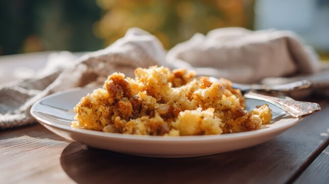 Warm homemade stuffing served on a plate with a fork and napkin. A close-up shot of a delicious homemade stuffing dish, perfect for any traditional meal or holiday gathering