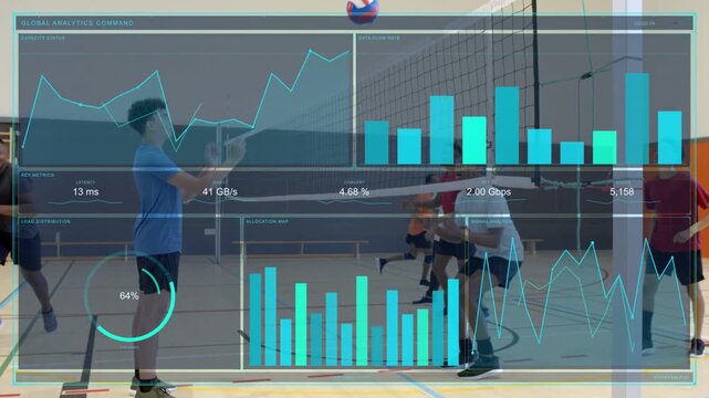 Blue setter tossing ball, orange attacker leaping, blockers jumping sports training, HUD over court