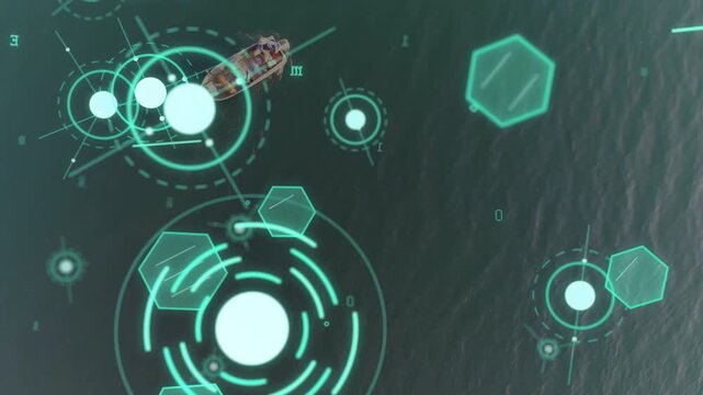 Drone ping detecting motorboat, two men steering through teal HUD circles for maritime tracking