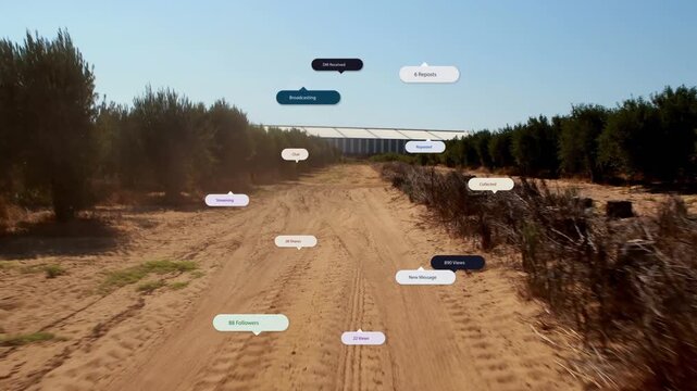 Camera moving along sandy track between trees labels appearing drifting fading revealing white roof