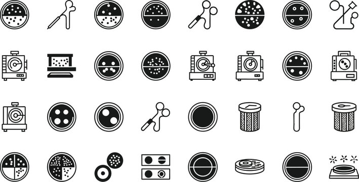 Microbiology icons display petri dishes, cell cultures, and biological testing equipment for modern laboratory diagnostic procedures.