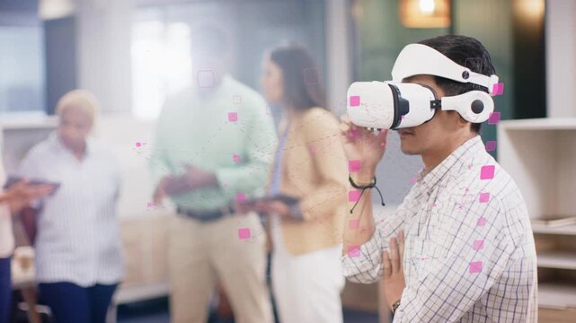 Man wearing VR headset placing headset over eyes starting tech demo, pink squares tracking on glass