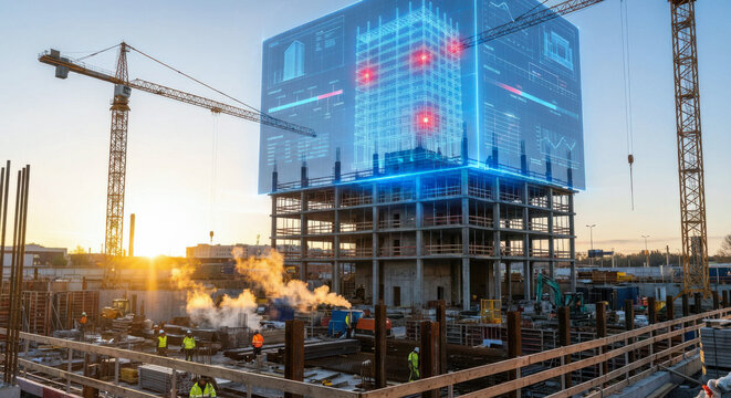Smart construction site with glowing holographic digital twin building interface at sunset
