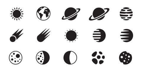 Collection of various black space icons with planets stars comets and cosmic symbols for web design. © Mukti