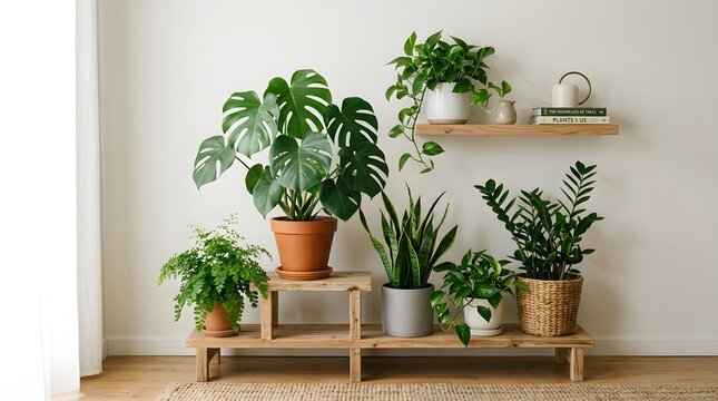 Indoor jungle a collection of lush houseplants on wooden shelves