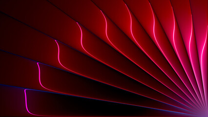 Plakat Ribbed glass with smooth diagonal geometry and soft light refraction. Fan-shaped abstract composition that converges at the corner with luminous gradient layers bending through ribbed glass. 3d render