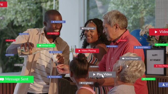 Group at bar, man pouring bubbly starting play icons hiding glasses clearing for retirement toast