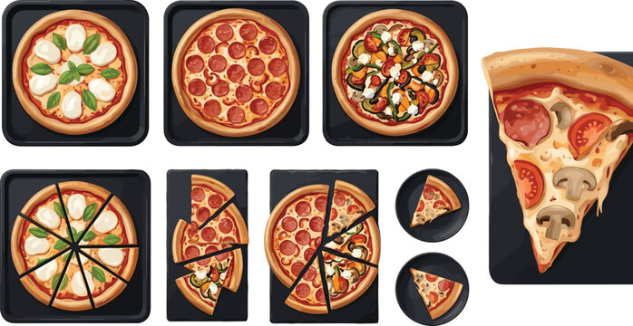 Gourmet Pizza Collection with Margherita, Pepperoni, and Veggie Varieties Featuring Whole Pies on Baking Trays and Individual Slices for Restaurant Menus, Pizzerias, and Delivery Services
