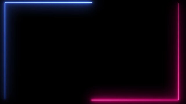 4K motion graphics of glowing blue and pink neon light lines forming a frame on black background. Seamless loop video for gaming overlays, streaming borders, and tech backdrops stock video
