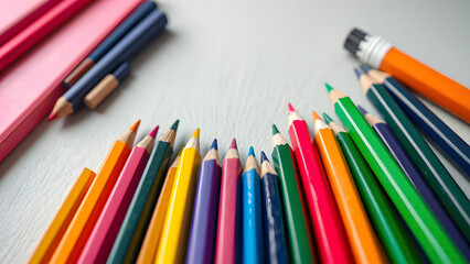Fototapeta premium Colorful School Supplies Pencils: Vibrant learning stationery collection for education, back to school, and creative arts projects.