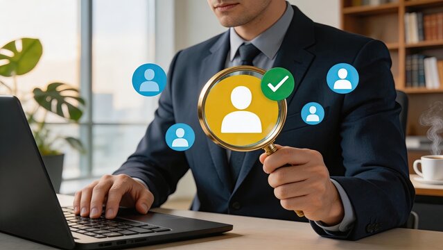 Businessman using laptop and magnifying glass to analyze user data verifying customer profiles with checkmark icons digital marketing recruitment HR online research corporate