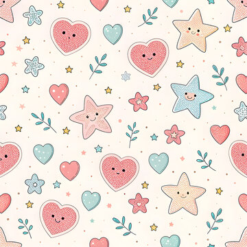 seamless pattern with small hearts and stars, soft pastel colors, minimal repeating design, cute aesthetic