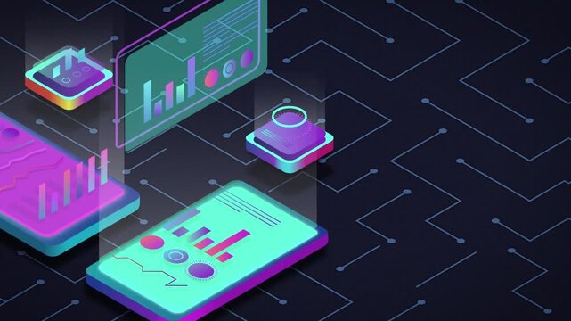 Futuristic devices with data visualization and circuit board background in animated sequence high quality professional detailed modern