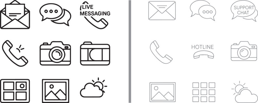 Communication and multimedia vector icon set featuring email, chat, phone, camera, and weather symbols. Ideal for website interface design and mobile app development.
