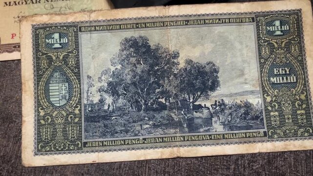 The reverse side of a vintage Hungarian 1 million pengo banknote from 1945. The footage highlights an engraved rural landscape scene, ornate border elements, and aged paper texture.