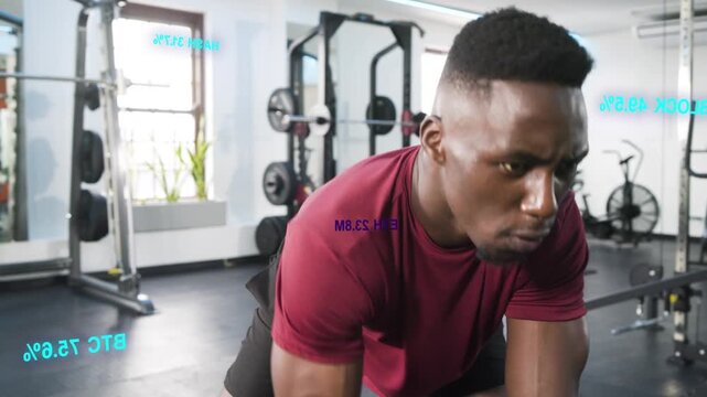 Man grabbing hex dumbbell, doing single-arm row on bench, HUD graphics counting reps for fitness