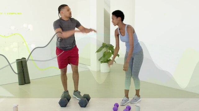 Pair walking starting lunges doing 1-leg strength hinges with fitness graphics highlighting weights
