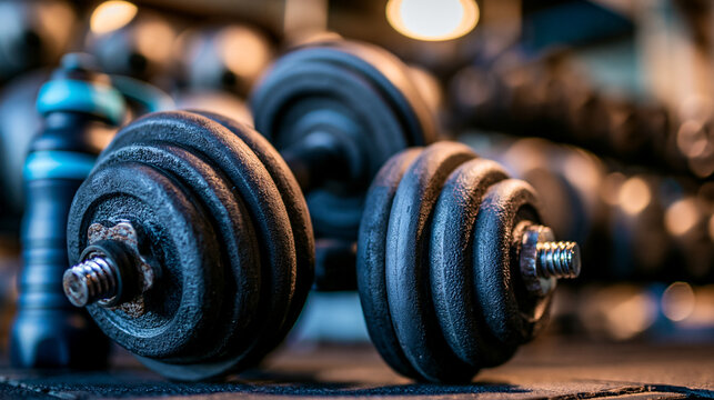 Close-up of heavy dumbbells in a gym with a water bottle strength training dumbbells