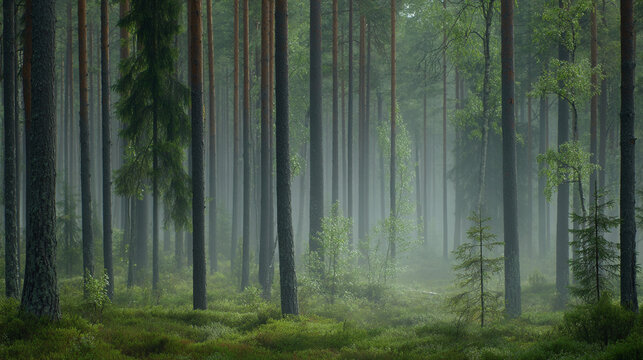 Misty forest scene with tall pine trees and green undergrowth, forest floor