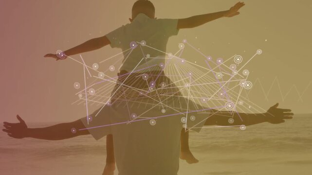 Dad carrying child on shoulder walking shore child arms out sparking animated data network bonding