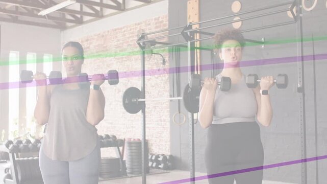 2 women curling dumbbells for fitness starting synced lowering as faint colored lines over frame