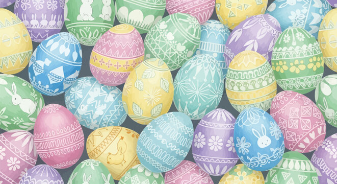 Colorful Easter eggs with white patterns and designs bunny rabbit