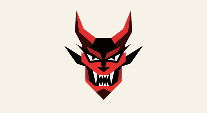 Minimalist red and black geometric devil head mascot logo