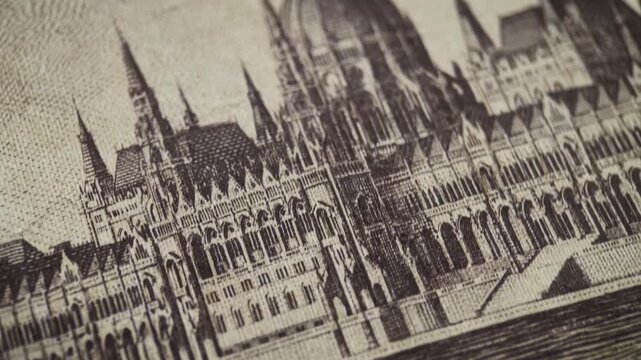Macro video showing the reverse design of an antique Hungarian Szazmillio Pengo banknote from 1946. The footage highlights detailed architectural engraving, intricate linework, and aged paper texture.