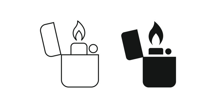 Two stylized icons of a lit lighter one in outline and one in silhouette isolated on white