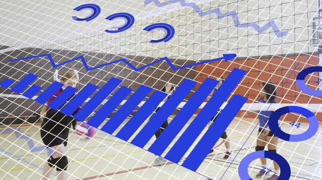Female volleyball players starting rally, moving to defend while charts gradually obscuring players