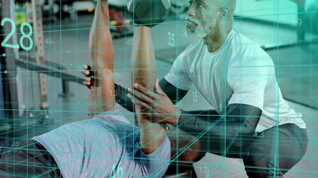 Gym client pressing dumbbells on coach cue coach spotting fixing form safely teal HUD updating reps