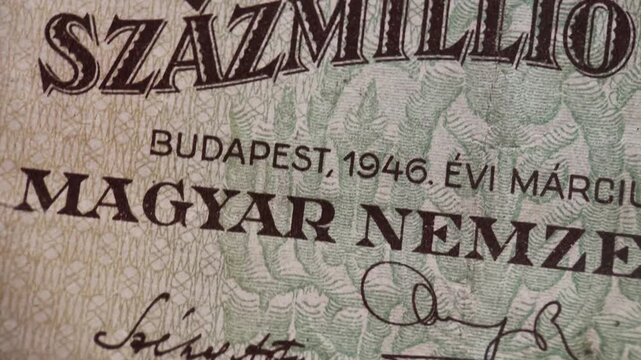 Macro Video of 1946 Hungarian 100 Million Pengo Banknote Typography Detail