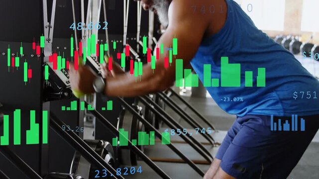 Man entering, grabbing cable handles, doing cable rows for strength while finance charts scrolling