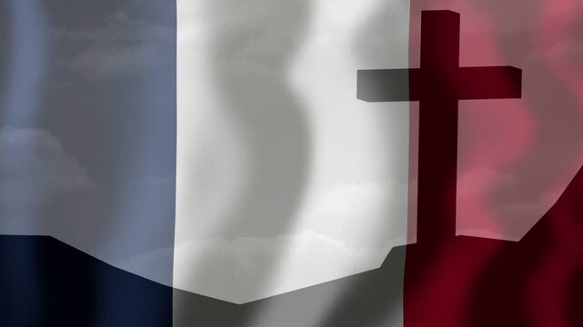 On loop vertical tricolor flag rippling shades shifting clouds moving cross hill fixed show symbol