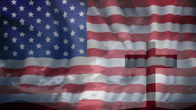Light breeze starting US flag rippling across frame, cross overlay staying fixed, contrast shifting