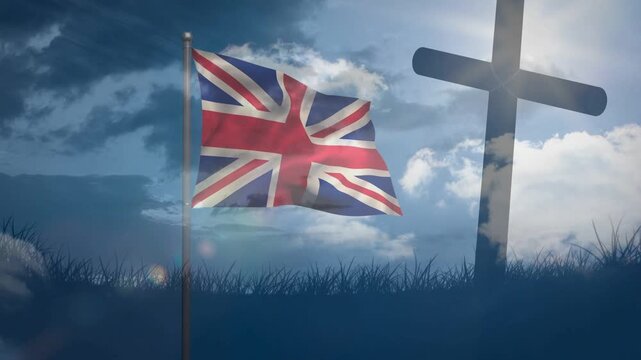 Union Jack flag rippling, billowing, folding, expanding from steady breeze, sunlight shifting