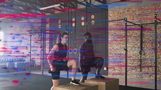 Woman and man gym duo on start alternating plyo stepups holding DBs, glitch bars crossing, strength