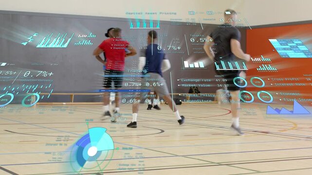 Five men doing agility drill in gym, coach cue initiating HUD tracking footwork for sports training