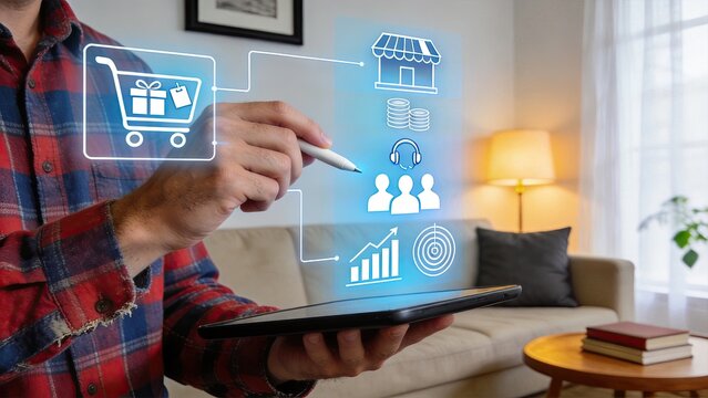 Man using tablet with holographic interface showing shopping cart store coins headphones users growth chart and target for business technology and ecommerce concepts