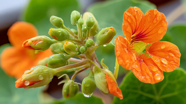 Close-up of orange nasturtium flowers and buds with water drops, nasturtium