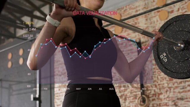 Woman grasping bar and performing front-rack lift, fitness data overlay animating, tracking metrics