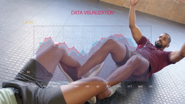 2 men doing situps starting passes lifting medicine ball as overlay data chart showing core fitness