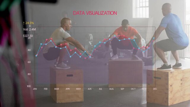 Three men performing plyo box jumps for fitness, via squat and arm swing, data overlay shifting