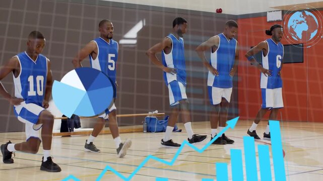 Starting warm-up, five basketball players stepping into lunges while data overlays tracking metrics