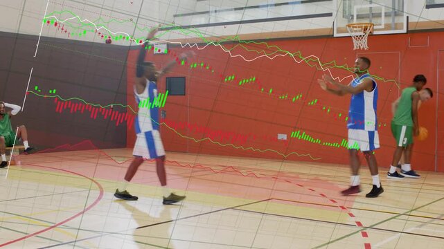 Blue guard lobbing basketball to shooter aiming score, guards contesting, soft charts over players